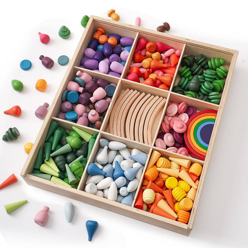 NEW 252 Pcs Mandala Loose Parts with Mini Rainbow and Mini Natural Wooden Building Blocks Play Set