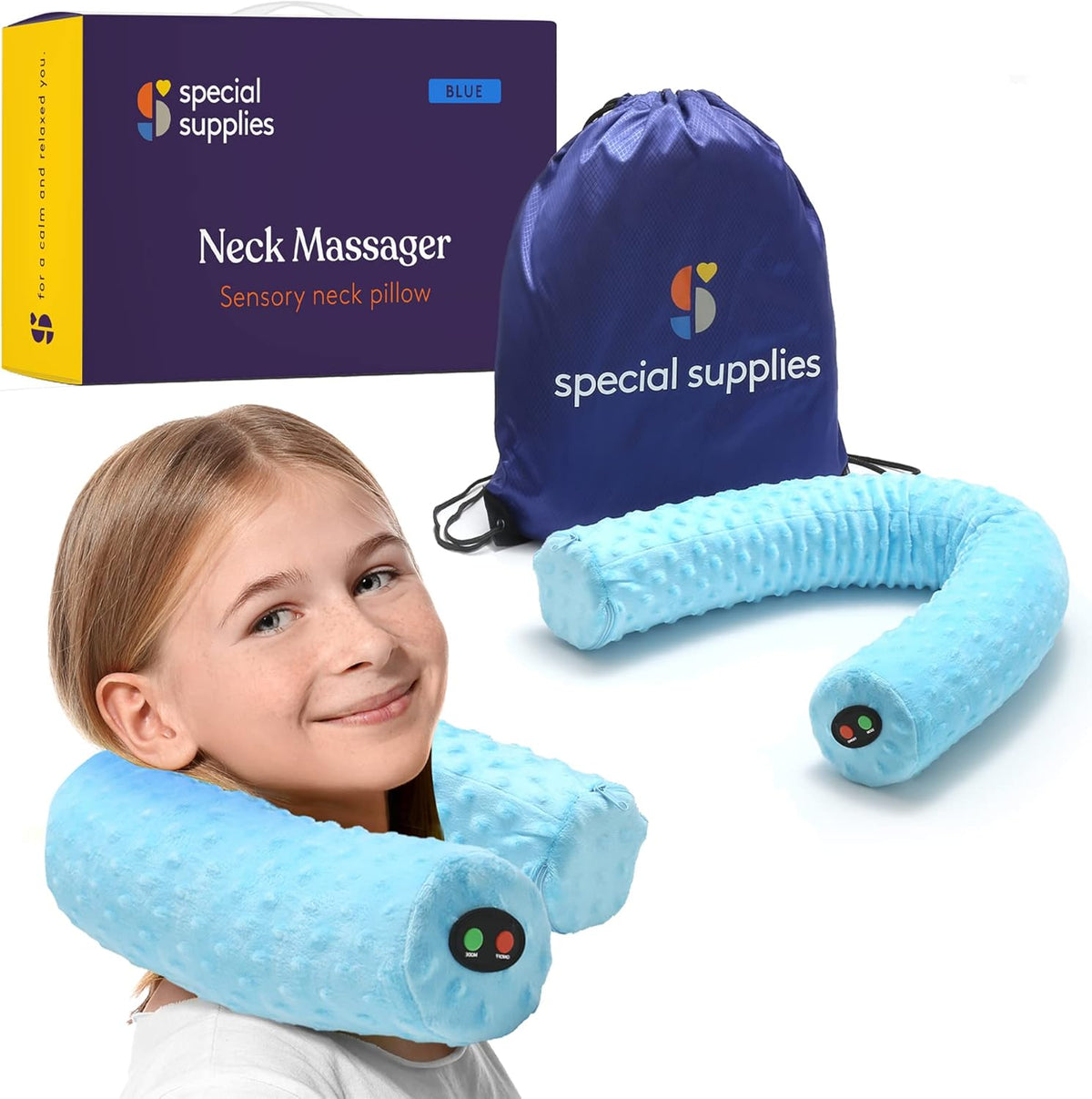 Special Supplies Sensory Vibrating Neck Pillow for Kids and Adults Plush Velvet Soft Cover with Textured Therapy Stimulation, Mind and Body Calming Relaxation- Blue