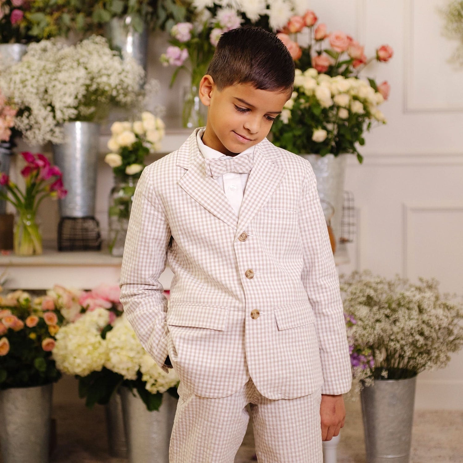 Organic Seersucker Suit Pant Taupe Gingham