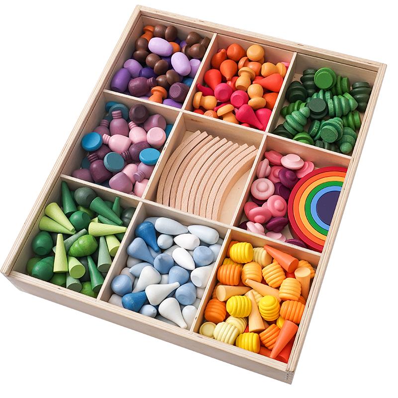 NEW 252 Pcs Mandala Loose Parts with Mini Rainbow and Mini Natural Wooden Building Blocks Play Set
