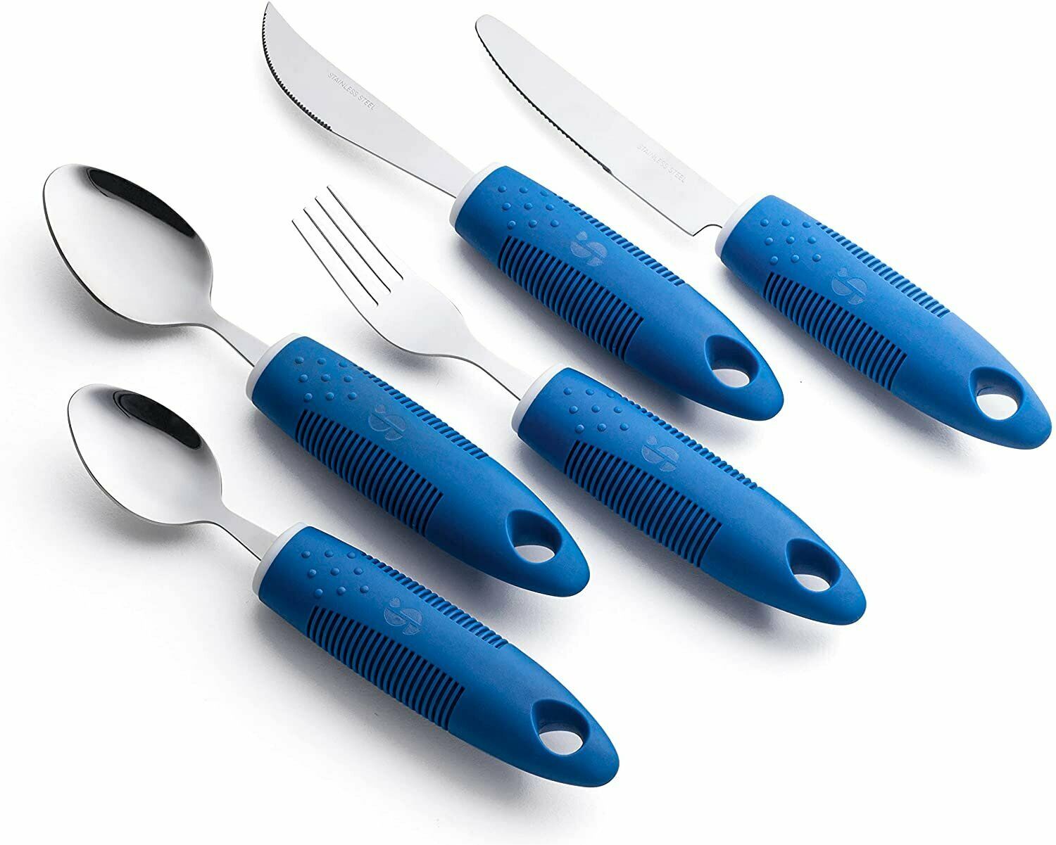 Adaptive Utensils (5-Piece Kitchen Set) Wide, Non-Weighted, Non-Slip Handles for Hand Tremors, Arthritis, Parkinson?s or Elderly Use - Stainless Steel Knives, Fork, Spoons - Blue