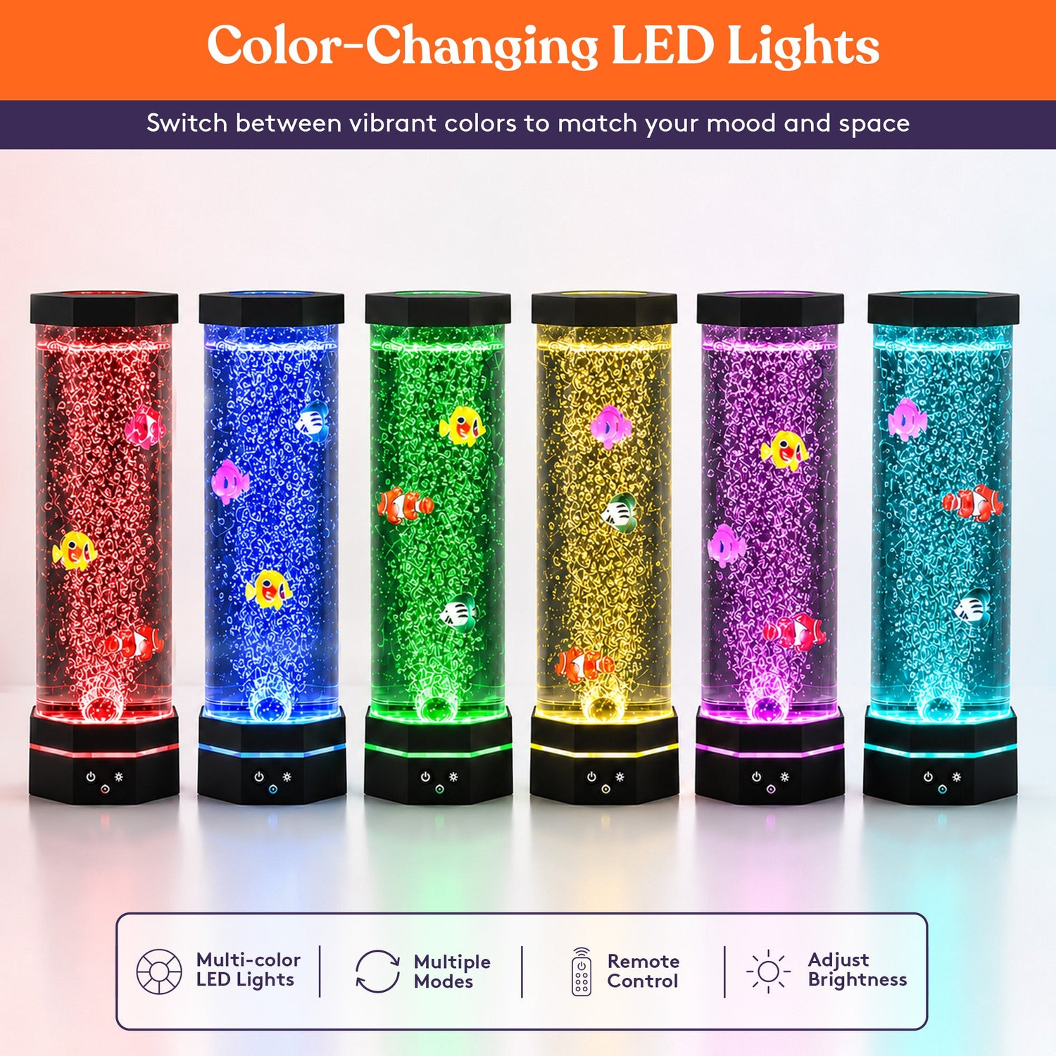 Special Supplies Aquarium Sensory Fish Bubble Light Tube with 16 LED Color Changing Nightlight Effect, Remote Control, and 5 Fish, Colorful Desk Standing Lamp 16"
