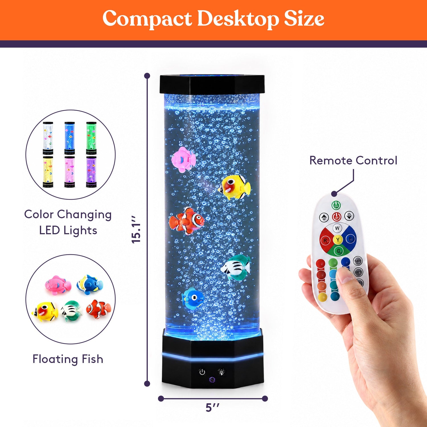 Special Supplies Aquarium Sensory Fish Bubble Light Tube with 16 LED Color Changing Nightlight Effect, Remote Control, and 5 Fish, Colorful Desk Standing Lamp 16"