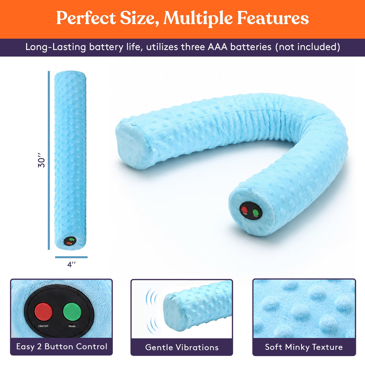 Special Supplies Sensory Vibrating Neck Pillow for Kids and Adults Plush Velvet Soft Cover with Textured Therapy Stimulation, Mind and Body Calming Relaxation- Blue