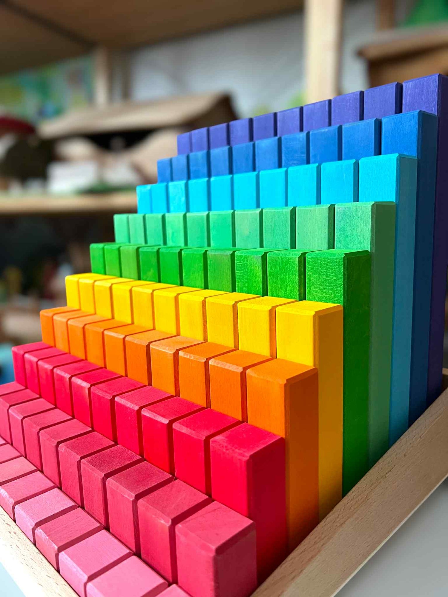 **Pre-order (Ships in 1-2 Weeks)**Building Steps Rainbow Counting Blocks – 100-Piece Wooden Prism Stair Set