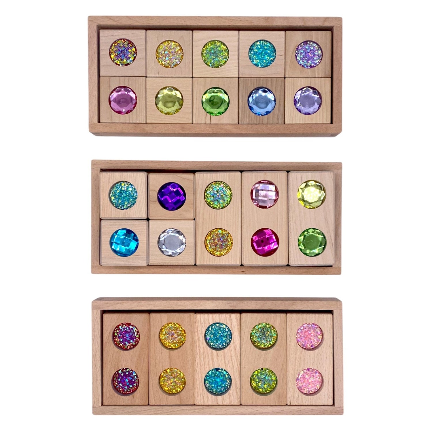 Pastel & Rainbow Gem Block Collection – 3 Styles with Wooden Storage Trays