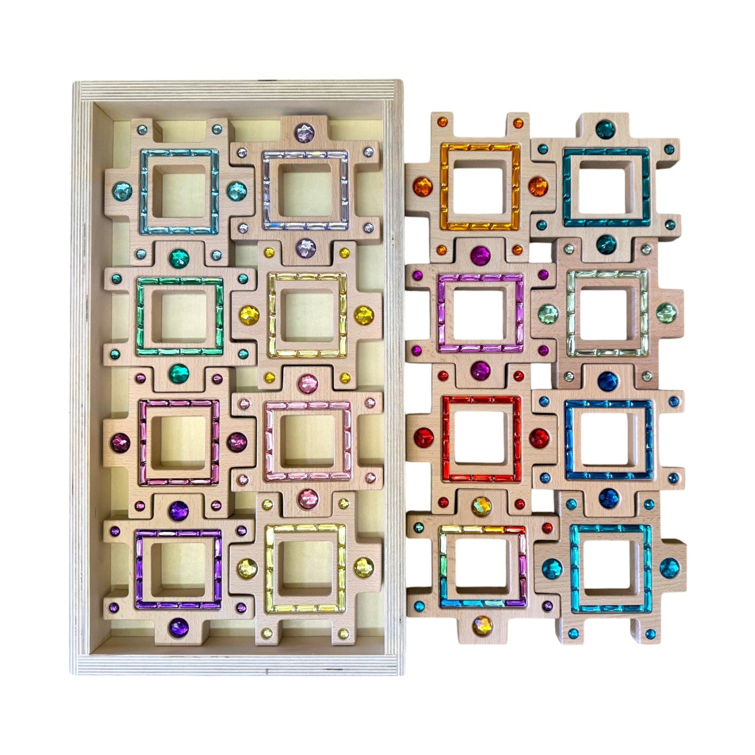 **Pre-order (Ships in 2-3 Weeks)**Wooden Gemlight Window Blocks – 16-Piece Colorful Open-Ended Play Set with Storage Box