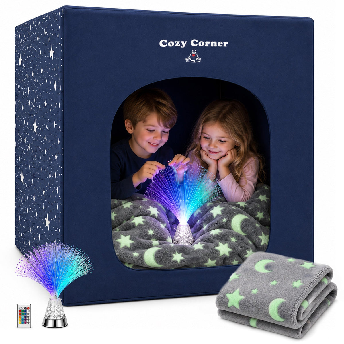 Special Supplies Blackout Sensory Tent for Kids, Calming Play Room with Fiber Optic Lamp and Glow-in-The-Dark Fuzzy Blanket