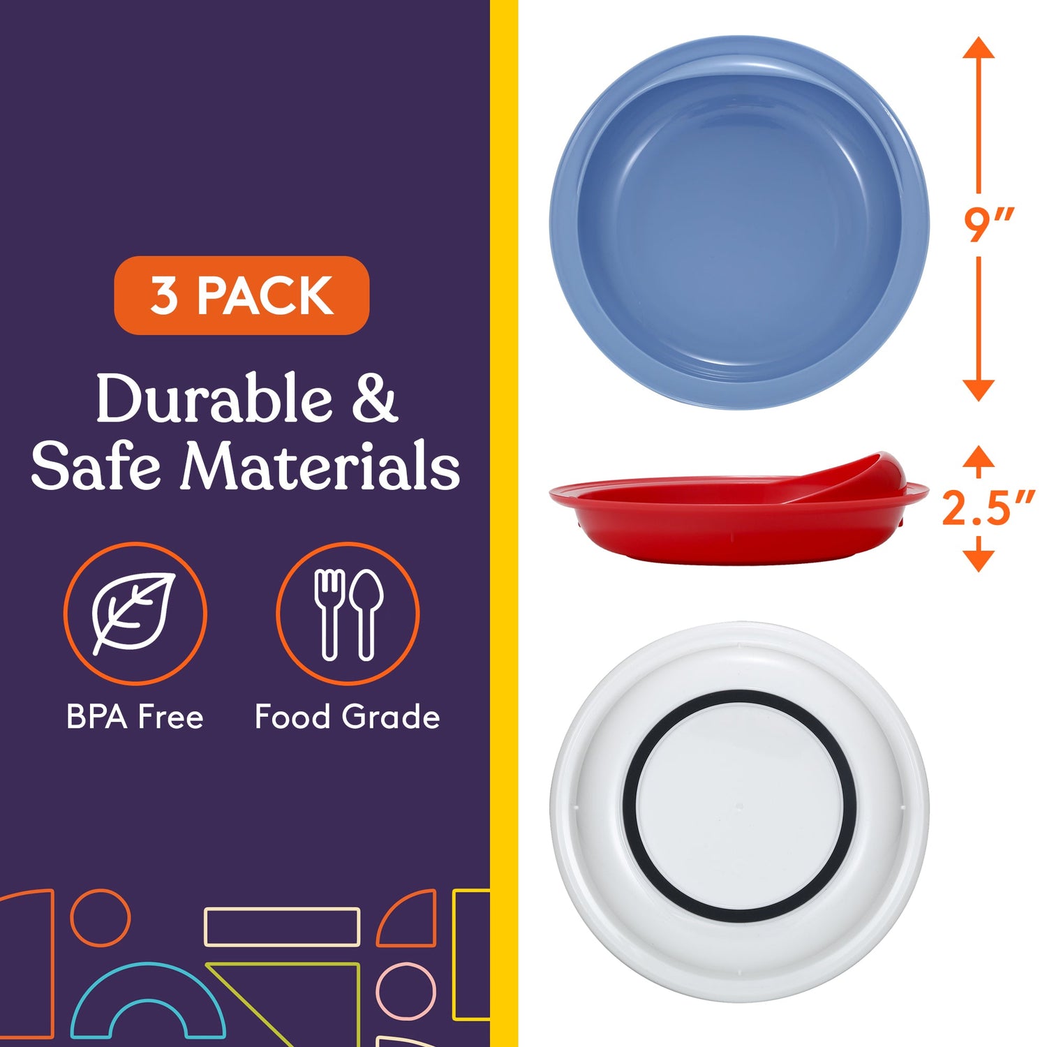 Special Supplies Adaptive Spill-Proof Scoop Plates- Dishes with Wall for Disabled, Elderly Adults with Special Needs from Parkinson's, Dementia, Tremors- 3 Pack (White, Blue, Red)
