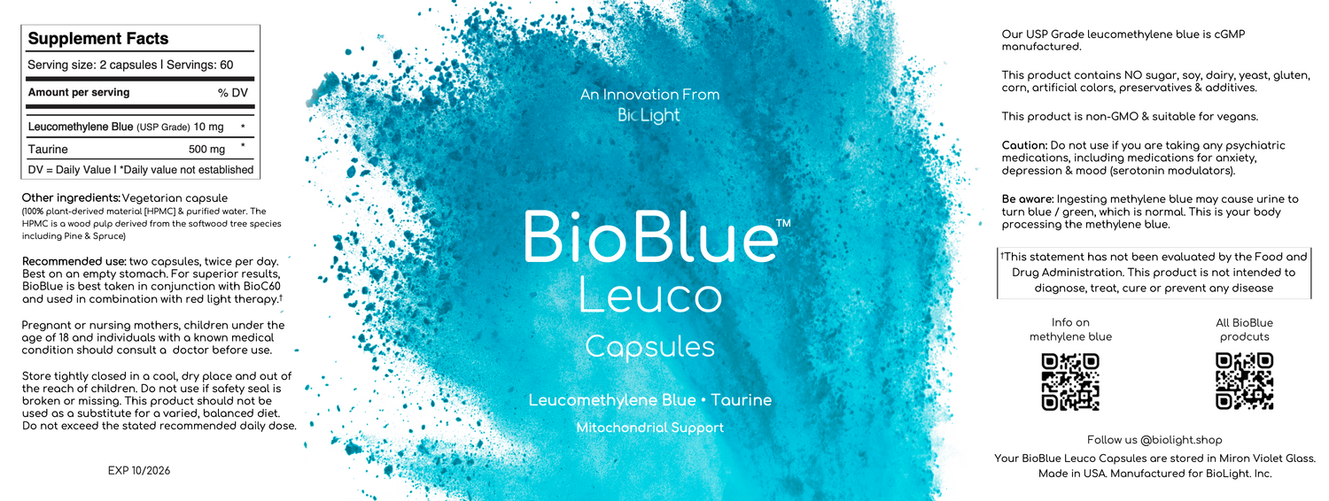 BioBlue Leuco Capsules – Rapidly Absorbed Leucomethylene Blue for Enhanced Brain & Mitochondrial Support | Red Light Therapy Synergist - USP Grade