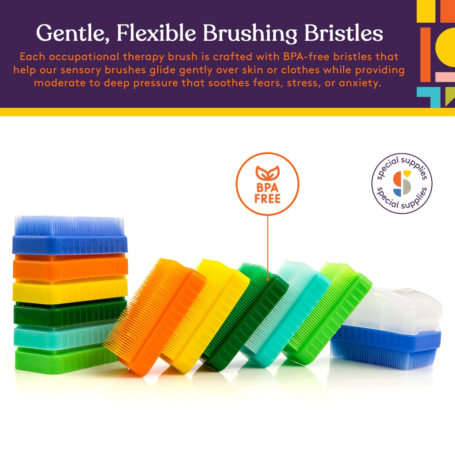 Special Supplies Therapy Brushes Colorful 12-Pack + Removable Handle, Calming Occupational and Sensory Tools with Deep Pressure Massage, Soft Bristles, Stimulates and Calms Kids or Adults, Latex-Free