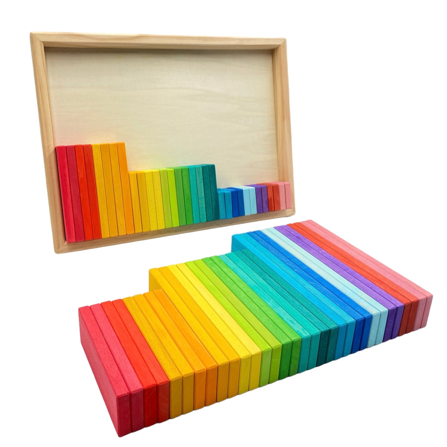 64 Pcs STAINED Large Wooden Rainbow Building Slats with Storage Tray