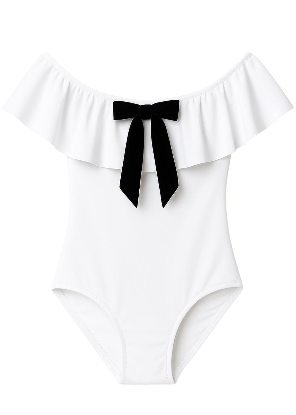 White Ruffle Swimsuit with Black Bow