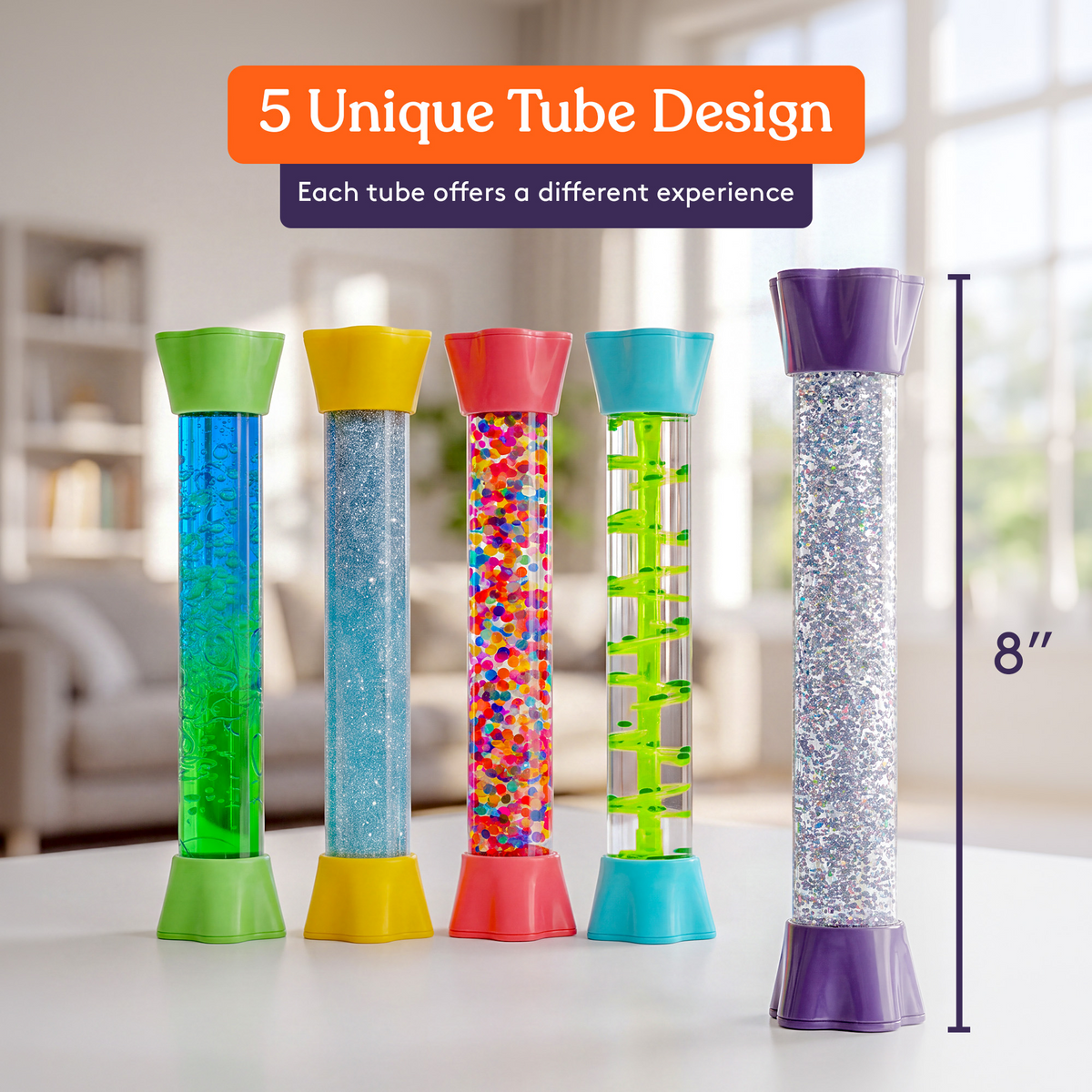 Liquid Motion Bubbler Toy Cool Tubes 5-Pack Colorful Hourglass Timer with Droplet Movement, Bedroom, Sensory Play, Cool Home or School