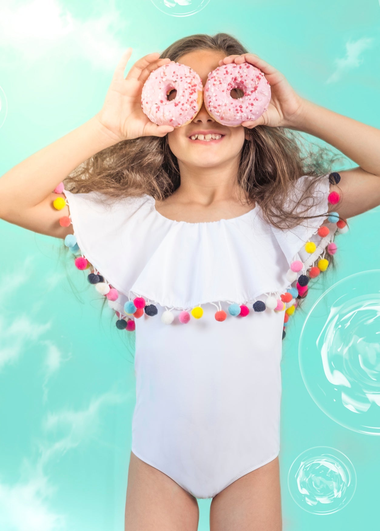 White Swimsuit with Pom Poms