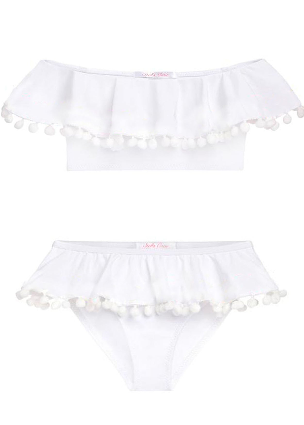 White Ruffle Bikini with Pom Poms